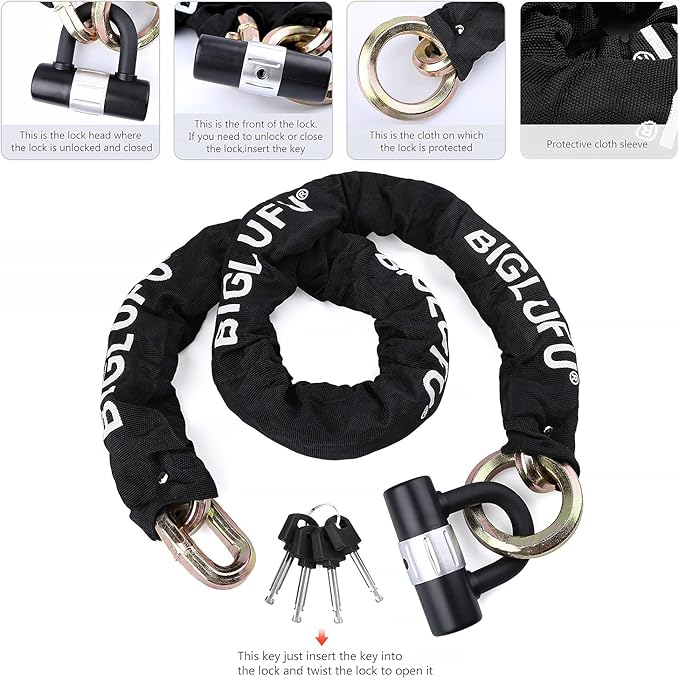 BIGLUFU Motorcycle Chain Lock 120cm/4ft Heavy Duty Bike Chain Lock Anti-Theft Durable Cut Proof 14mm Thick Security Bicycle Chain with 4Keys 16mm U Lock for Moped,Scooter,Motorcycles