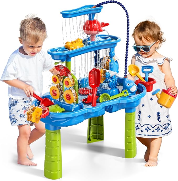 3-Tier Water Table with Pump for Toddlers Kids Ages 3-5 4-8, Outdoor Water and Sand Table Beach Toys, Toddler Activity Sensory Water Sand Table with Rain Showers Splash Pond for Kids Boys Girls