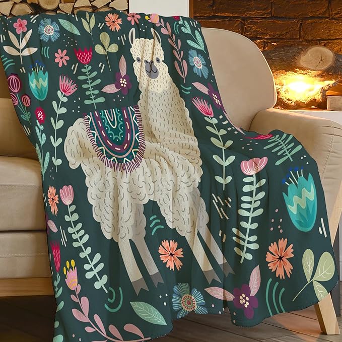 Alpaca Blanket Botanical Flower Throw Blanket Cozy Plush Boho Bohemia Llama Fleece Flannel Ultra Soft Blankets Lightweight Fuzzy Party Gifts for Adult Bed Couch Sofa Kids 80"X60"