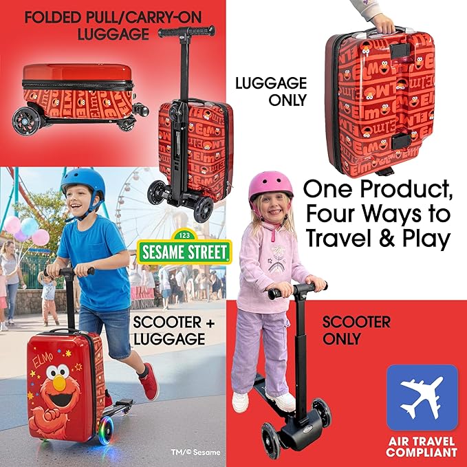 KIDDIETOTES Sesame Street 4-in-1 Detachable Scooter Luggage for Kids – Elmo – Ride-On Suitcase with Removable Luggage Body, Adjustable Handlebar, Durable Deck & Brake – Carry-On Travel Bag