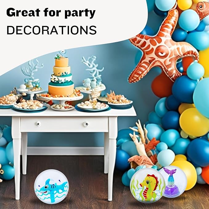 4E's Novelty 3D Beach Balls - 4 Pack 13" Inflatable Pool Toys, Flamingo, Mermaid, Shark, Sea Horse Unique Pool Ball, Ocean Under The Sea Party Decorations for Kids Toddlers Adult
