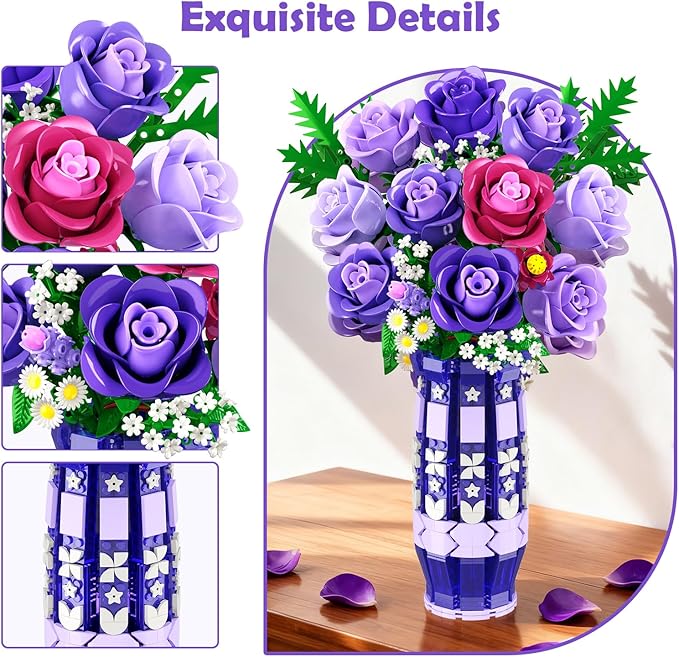 Purple Roses Flowers Building Set with Vase & LED Light, 17 Mini Flowers Bouquet Building Blocks Toy, Artificial Flowers for Home Office Decor & Display, Gifts for Adults Women Kids Girls 12+