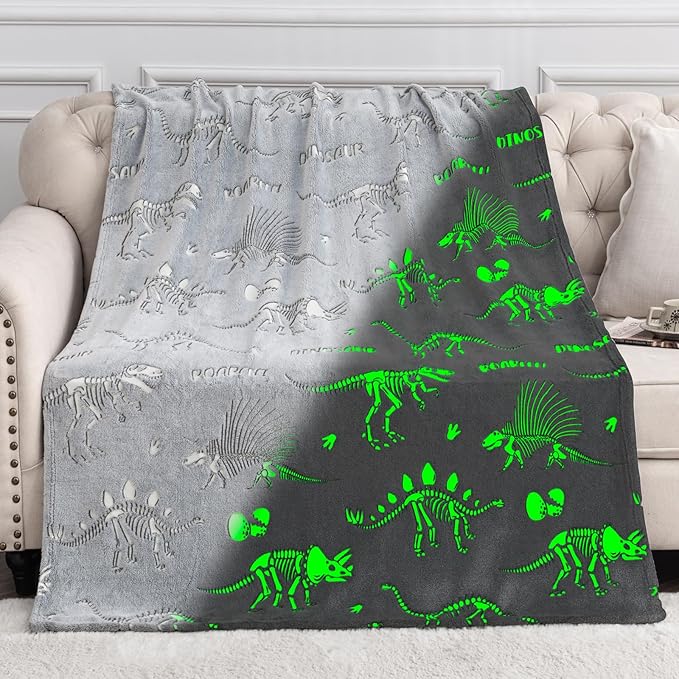 Dinosaur Gifts Toys for Kids Boys - Dino Glow in The Dark Blanket Christmas Birthday Valentines Easter Presents for Age 2 3 4 5 6 7 8 9 10 11 Years Old Teen Girls Toddler Children Throw Gray 50"x60"