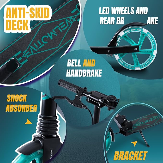 Kick Scooter for Kids Ages 8+ Teens & Adults, with Front handbrake and Rear Brake, and Adjustable Handlebars, Big Sturdy PU Flash Wheels Great Gift & Toy