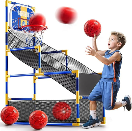 Arcade Basketball Game Indoor, Kids Ajustable Basketball Hoop, Outdoor Carnival Sports Play Toy with 4 Balls and Air Pump, Educational Birthday Gift for Boys Girls 3 4 5 6 7 8 Year Old (Blue)