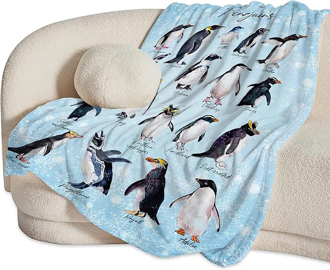 Penguin Blanket Cute Penguins Throw Blankets for Girls Boys Animal Plush Cozy Flannel Fleece Ultra Soft Fuzzy Snowflakes Party Blanket for Bed Couch Sofa 80"X60"