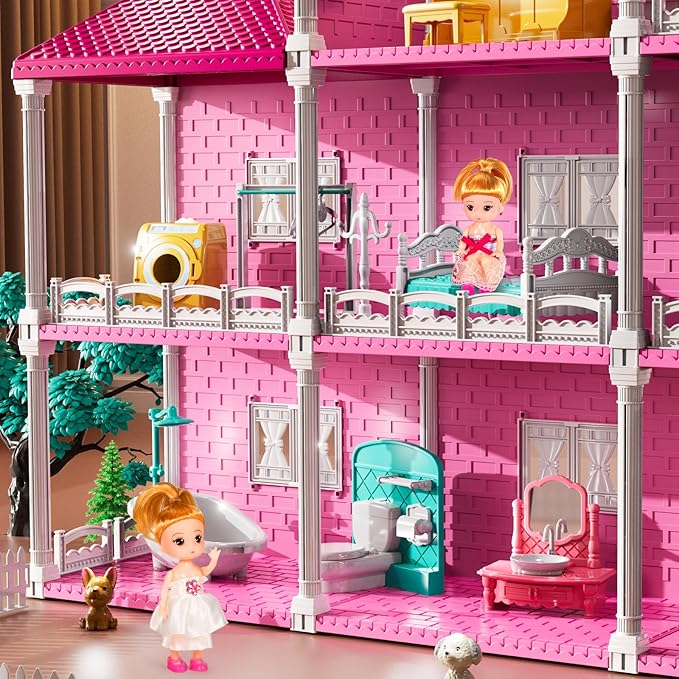 Villa Playset for Girls Ages 3-7, Indoor Playset Girls Toys with 3 Storeys 7 Rooms 2 Dolls for Ages 6-8, Furniture and Accessories, Pretend Toddler Toy, Birthday Gifts for Kids 3 4 5 6 7 8