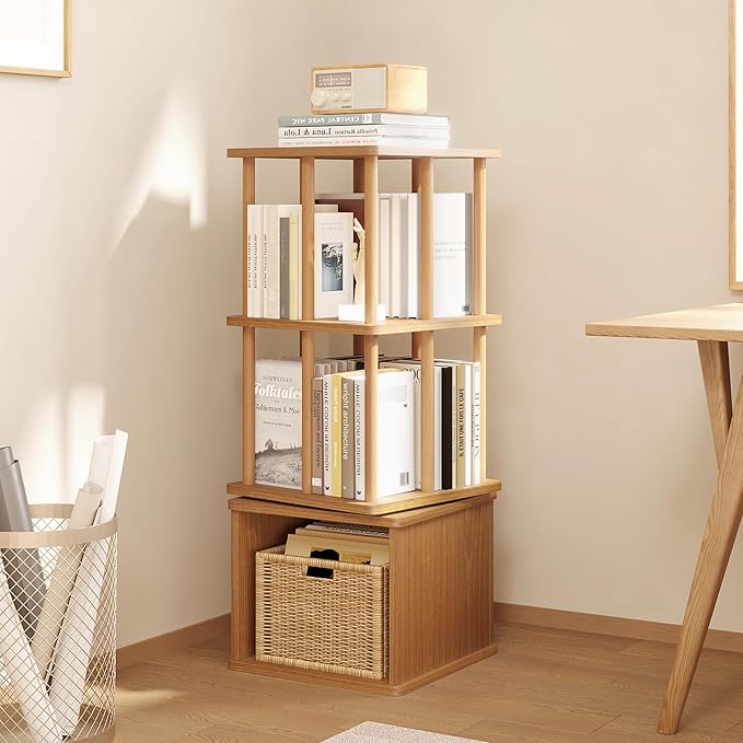 IOTXY 3-Tier Rotating Bookshelf Tower - Beech Wood Frame Spinning Bookcase with Storage Base, Compact Freestanding Revolving Shelf Organizer, Oak
