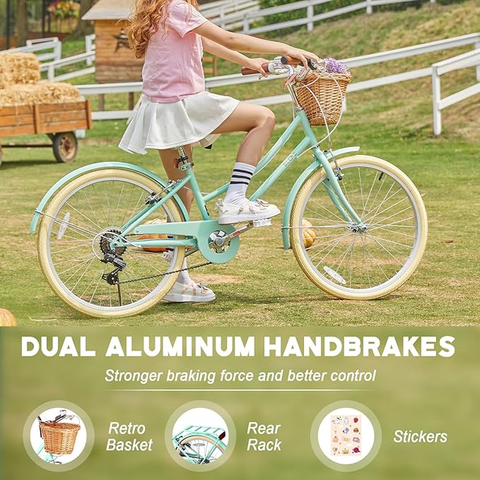 Glerc 20 24 26 Inch Beach Cruiser Bike, 6-Speed Hybrid City Bicycle for Girls Youth and Over 6 Years Old, Missy Bike with Wicker Basket & Lightweight, Multiple Colors