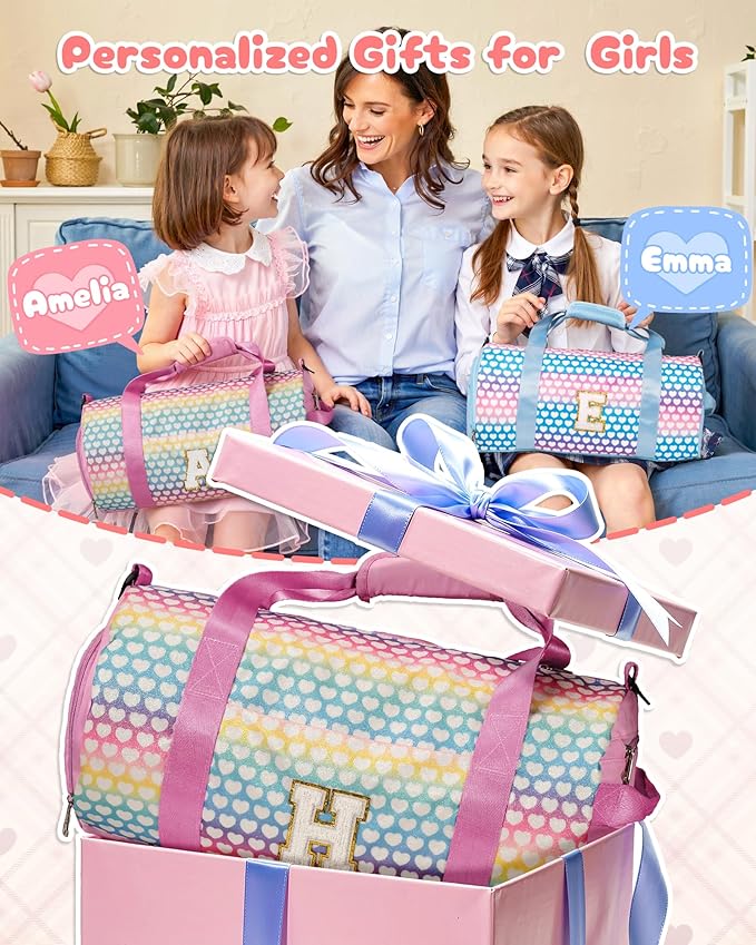 Stocking Stuffers-Gifts for Teenager, Girls Travel Duffel Bag, Kids Overnight Bags with Shoe Compartment, Personalized Weekender Bag with Makeup Pouch, Teen Girl Trendy Stuff (Letter A)