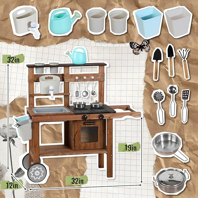Outdoor Kitchen for Kids,Mud Kitchen Wooden Toy Playset with Wheels, Kettle, Sink, Wooden Plant Container and Kitchen Accessories, for Children Ages 3+ Years