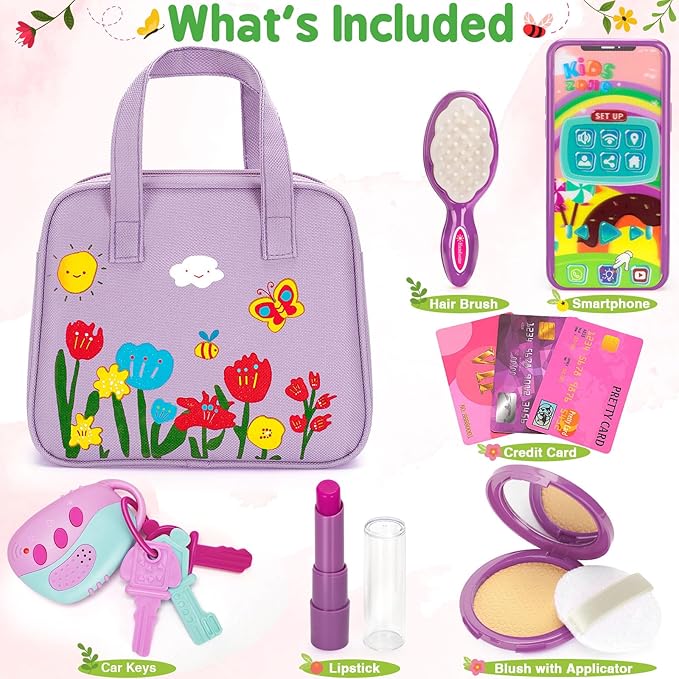 Officygnet Toys for Girls 3 Years Old, Toddler Purse Girl Toys with Pretend Makeup Kit, Pretend Princess Play Purse Toy for Little Girl, Christmas Birthday Gifts for Toddler Girls Age 3, Purple
