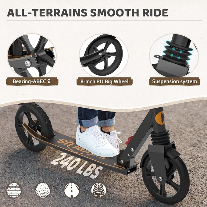 Kick Scooter for Ages 6+,Kid, Teens & Adults. Max Load 240 LBS. Foldable, Lightweight, 8IN Big Wheels for Kids, Teen and Adults, 4 Adjustable Levels. Bearing ABEC9