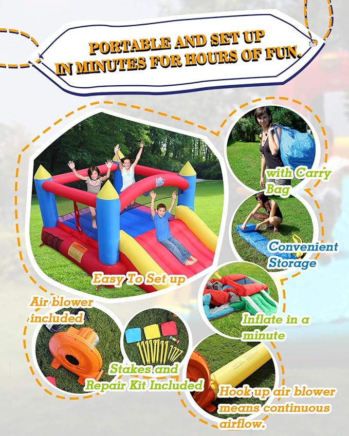 ACTION AIR [Updated Version] Bounce House, Inflatable Bouncer with Air Blower, Jumping Castle with Slide, Family Backyard Bouncy Castle, Durable Sewn with Extra Thick Material, Idea for Kids (C-9745)