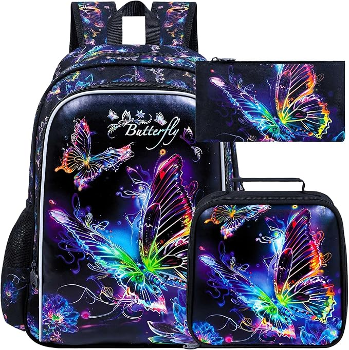 CCJPX 3PCS Backpack for Girls, 16 Inch Butterfly Preschool School Backpacks with Lunch Box, Water Resistant Bookbag with Elementary Toddler Travel