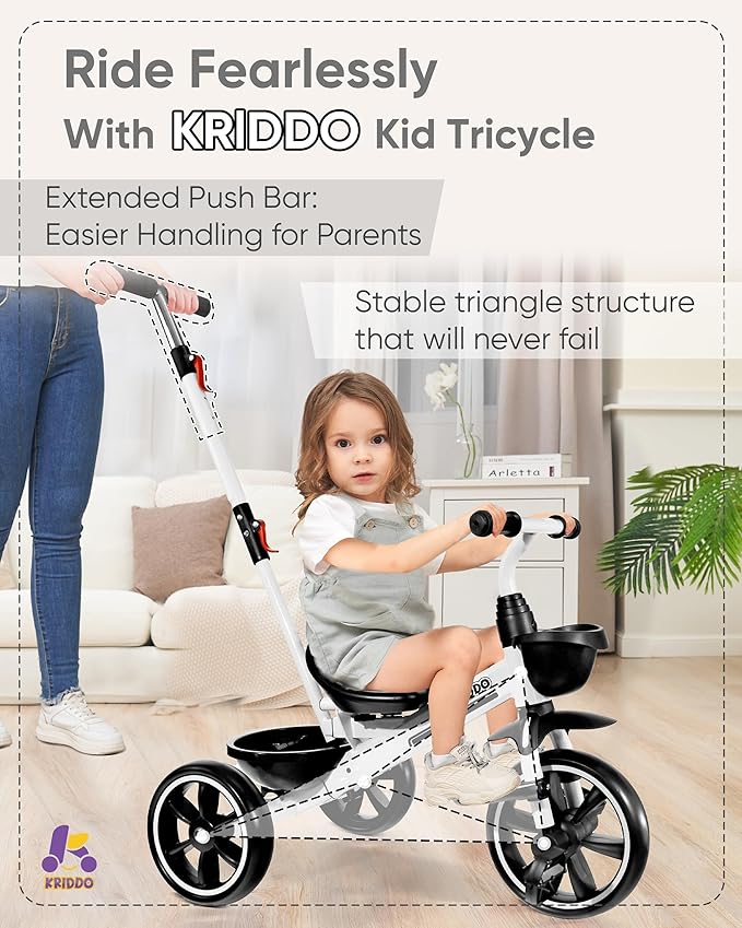 KRIDDO 2-in-1 Toddler Tricycle for Ages 18 Months to 5 Years Old - Extended Push Handle for Effortless Push, Gift Trike for Toddler 3 to 5 Year, Kids Tricycle with Foldable Front Footrest, White