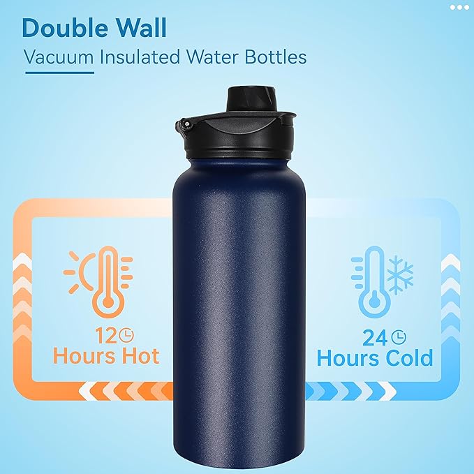 VEGOND 32 oz Insulated Water Bottle Bulk Stainless Steel Metal Water Bottles with Leak Proof Straw Lid & Spout Lid, Wide Mouth Double Walled Vacuum Travel Sports Bottle, 8 Pack