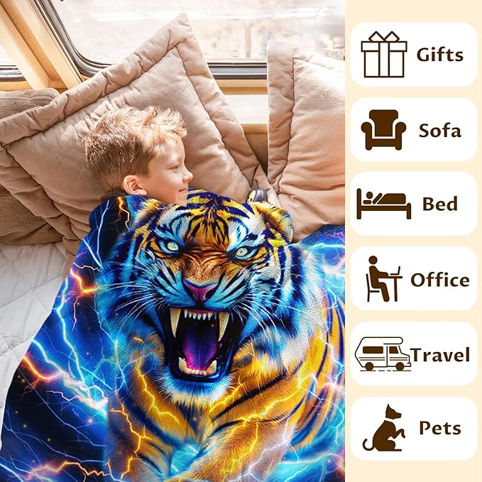 Personalized Blanket for Boys Kids, Tiger Throw Blankets for Son Tiger Lovers 40x50 Inches All Season Soft Cozy Custom Throw for Sofa Couch Bed Office Trip Cool Decor Stuff