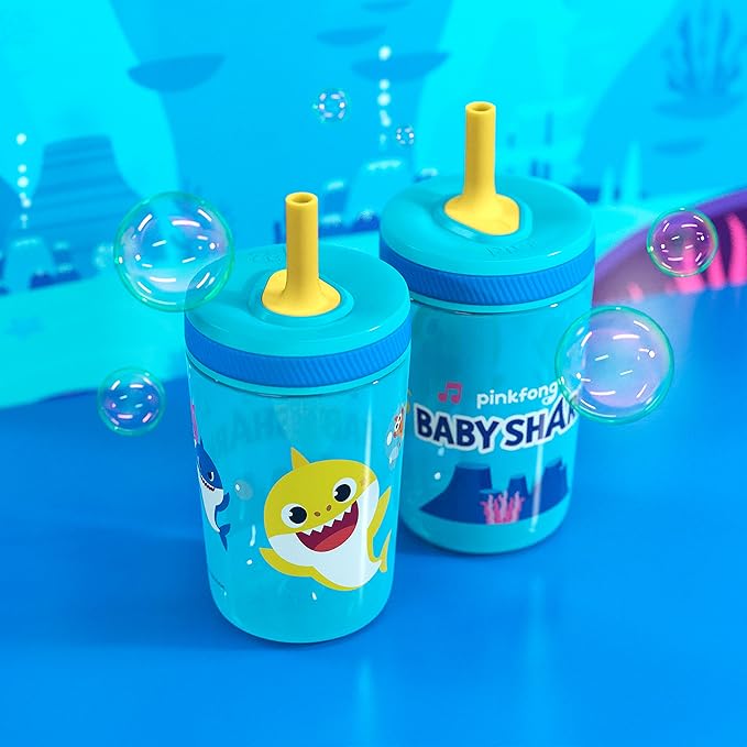 Zak Designs 15oz Baby Shark Kelso Tumbler Set, Leak-Proof Screw-On Lid with Straw Made of Durable Plastic and Silicone, Perfect Bundle for Kids (2pcs Set)