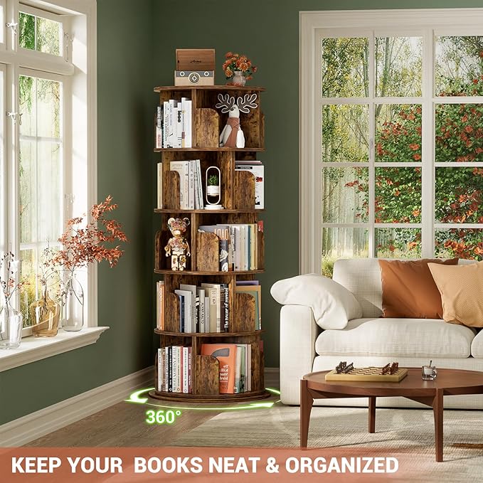 Rotating Bookshelf Tower, 5 Tier Spinning Bookcase, Revolving 360 Book Shelf Narrow Tall Bookcase, Vertical Turning Round Bookshelf Organizer, Corner Book Shelf for Small Space, Rustic Brown