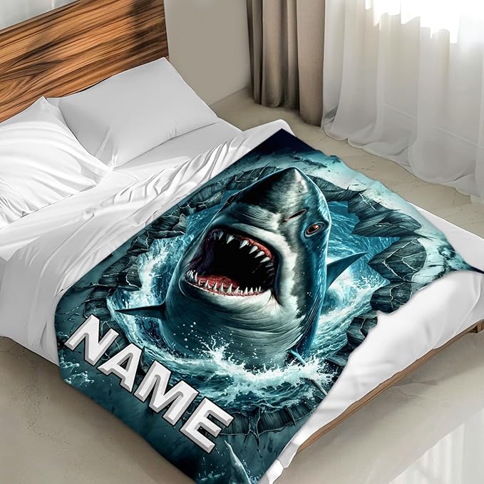 Shark Blanket for Boys Personalized Kids Throw Blankets Gifts for Teens Shark Lovers - Soft Lightweight Cozy Custom Stuff Throw 4 Sizes for Sofa Chair Bed Office Home Decor All Seasons