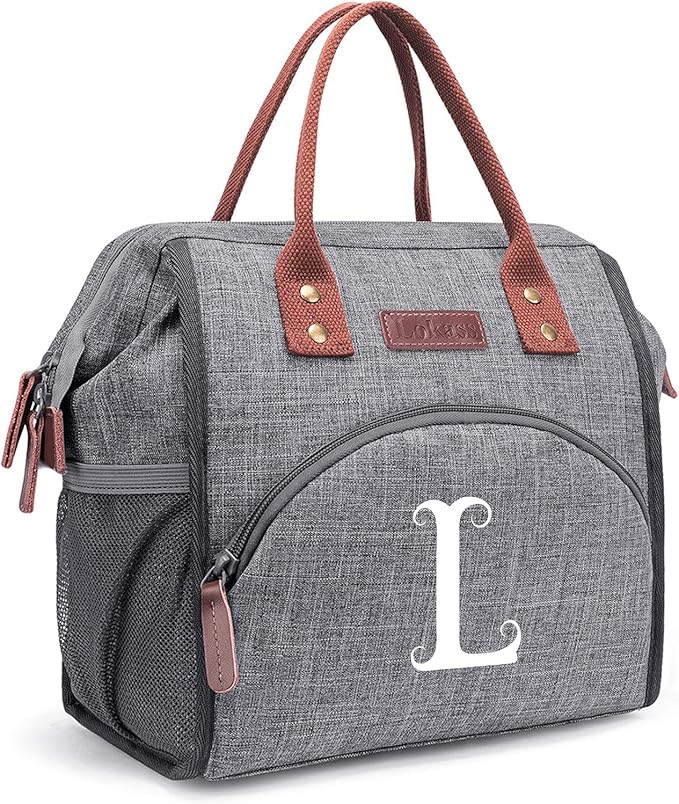 Personalized Lunch Box for Women, Initial Reusable Insulated Lunch Bag, Wide-Open Adult Lunchbox Cooler Lunchbag, Leakproof Lunch Tote for Picnic Work Outdoors, Christmas Gift for Women, Grey - L