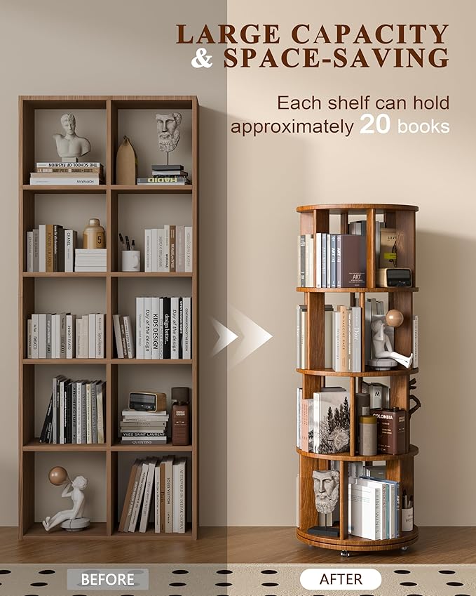 4-Tier Solid Wood Rotating Bookshelf on Wheels, 360° Spinning Book Shelf Tower, Round Revolving Bookcase Organizer, Rolling Bookshelves for Small Spaces, Corner, Bedroom, Kids Room, Office, Walnut