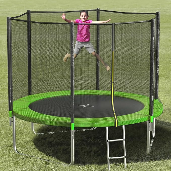SKOK Trampoline 8FT 10FT 12FT 14FT 15FT Trampolines with Enclosure Net, 400LBS Outdoor Trampolines for Kids with Basketball Hoop-ASTM Approved Trampoline for Children and Adults with Ladder