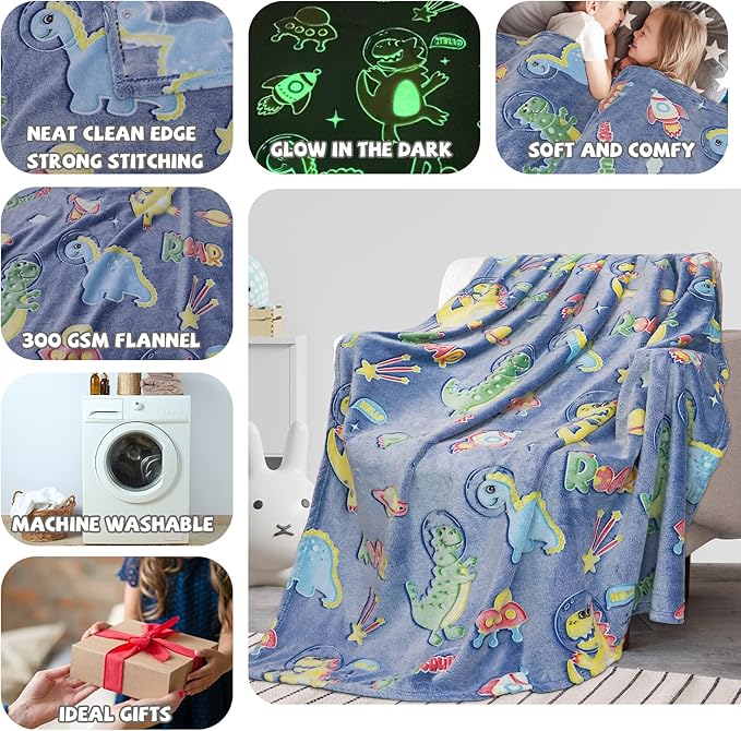 REXEO Glow in The Dark Blanket Dinosaur Gifts Toys for Boys Birthday Gifts for Kids 1 2 3 4 5 6 7 8 9 10 Year Old Kids Blanket Glowing Dinosaur Room Decor Blankets for Toddler