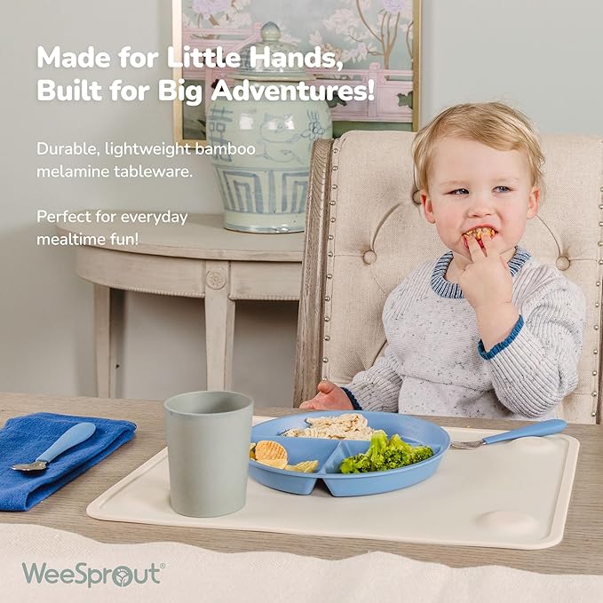 WeeSprout Divided Bamboo & Melamine Plates for Kids - Set of 4 Toddler Dinnerware, Food Grade, Kid Safe with Divided Design for Picky Eaters, Dishwasher Safe, Reusable Modern Tableware