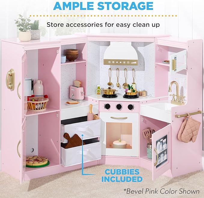 Best Choice Products Pretend Play Corner Kitchen, Ultimate Interactive Wooden Kids Playset w/Lights & Sounds, Ice Maker, Hood - Sage