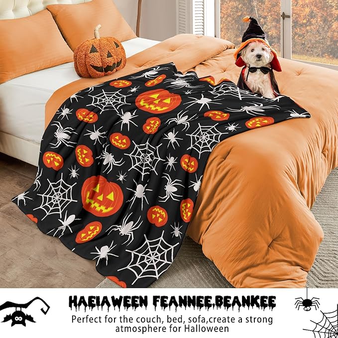Wajade Spider Web Throw Blanket Halloween Black Blanket, Halloween Spider Web Pumpkin Velvet Fleece for Sofa Bed Couch Chair Dorm 50" x 60"