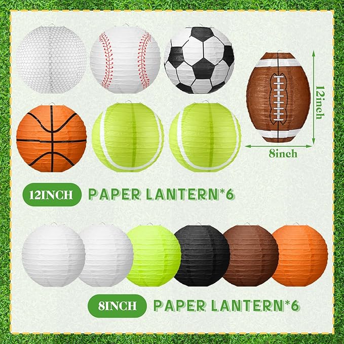 Bencailor 13 Pcs Sports Paper Lanterns Sport Themed Paper Soccer Baseball Football Basketball Lanterns for Indoor Outdoor Sport Themed Birthday Party Decoration (Complex)
