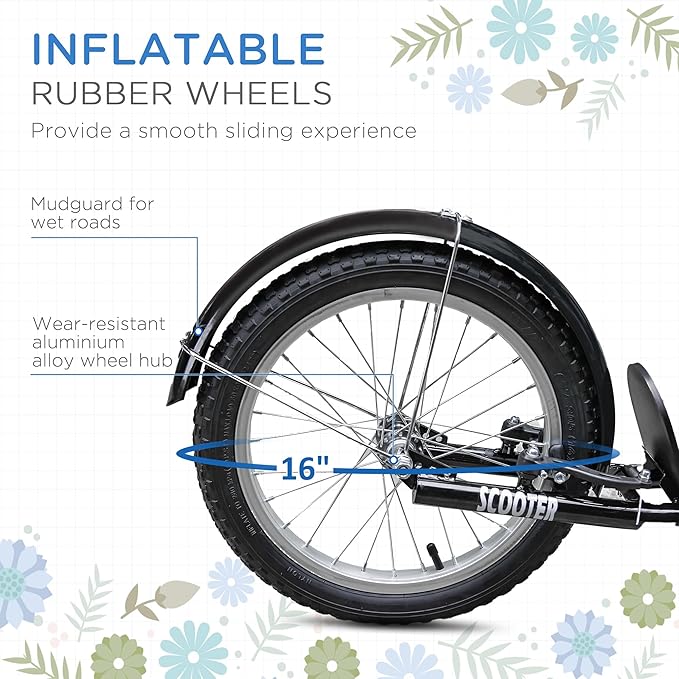 Aosom Youth Scooter, Kick Scooter with Adjustable Handlebars, Double Brakes, 16" Inflatable Rubber Tires, Basket, Cupholder
