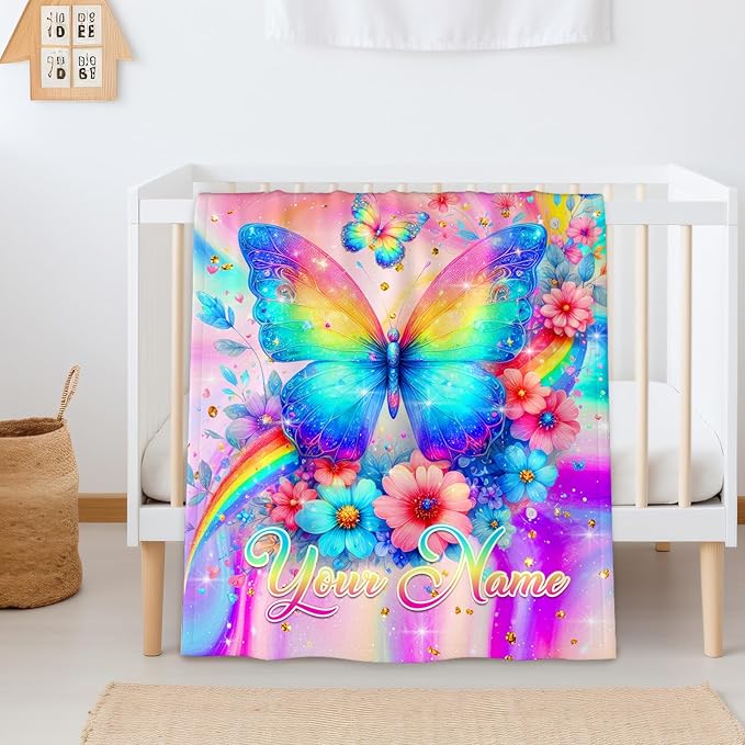 Personalized Blanket for Girls, Butterfly Throw Blankets Gift for Kids Teens Butterfly Lovers, Custom 80"x60" Flannel Throws for Couch Sofa Bed Travel