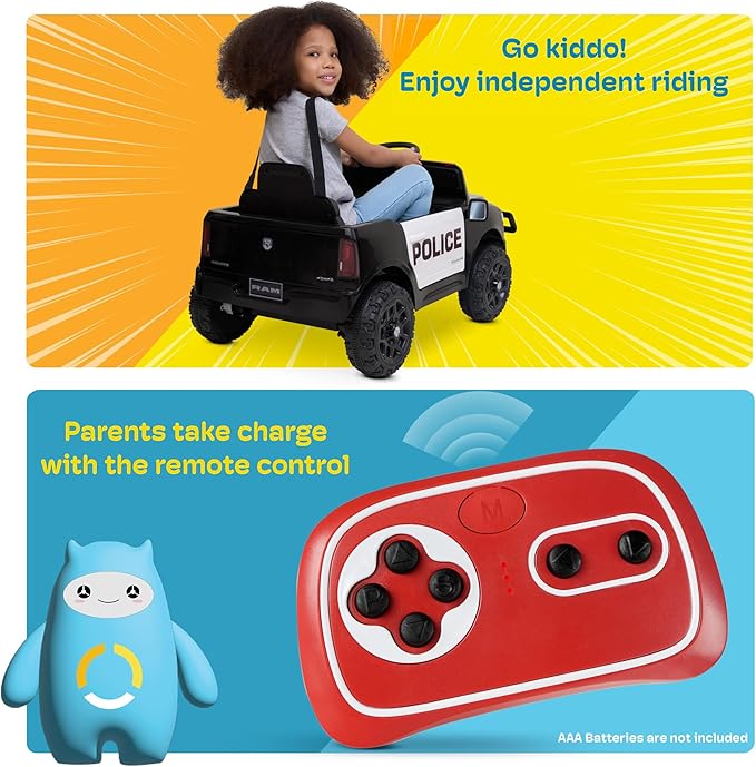 Kidzone 12V Police Ride On Truck, Licensed RAM 3500 Electric Car for Kids w/Remote Control, Bluetooth Music, LED Lights, Open Doors, Police Decals, Battery Powered Toy Vehicle - Black w/Police Design