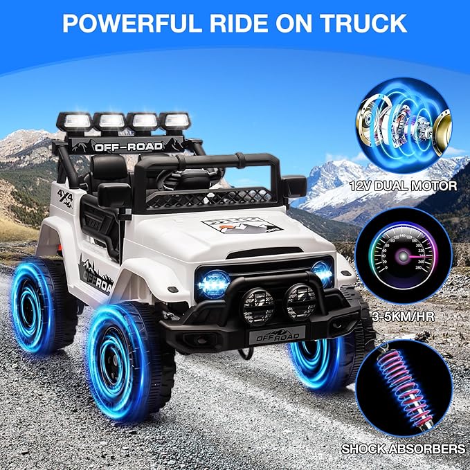 Ride On Truck Car 12V, Electric Vehicle w/Remote Control, 3 Speeds, LED Lights, Music, Spring Suspension, Ride on Car for Kids