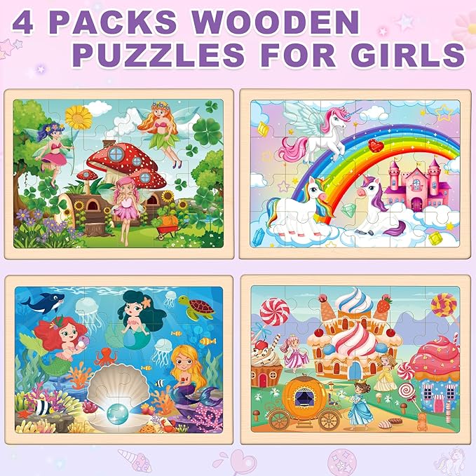 Puzzles for Kids Ages 4-6, 4 Packs Wooden Jigsaw Puzzles for Toddlers 2-4, Princess Unicorn Mermaid Fairy Preschool Educational Puzzles Boards Toys Gifts for Girls Boys 3 4 5 6