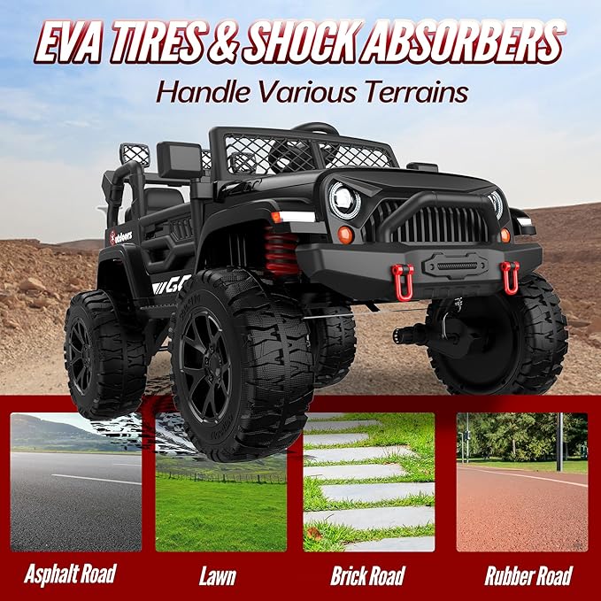 2 Seater Ride On Car for Kids, EVA Tires, 24V 4WD Electric Car w/Remote Control, Bluetooth, LED Lights, Ride On Truck for Boys and Girls Aged 3-8, Black