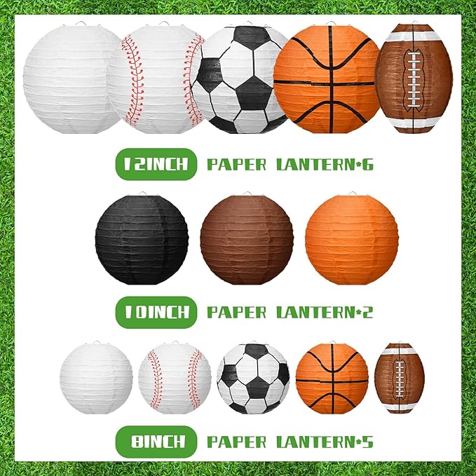 Bencailor 13 Pcs Sports Paper Lanterns Sport Themed Paper Soccer Baseball Football Basketball Lanterns for Indoor Outdoor Sport Themed Birthday Party Decoration(Simple)