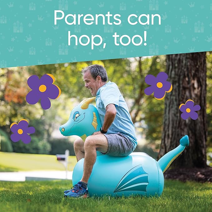 Hearthsong Hop N Go Inflatable Blue Dragon Bouncy Riding, Hopping Toys for Kids Ages 5+ - Ride On Bouncer Animal Hopper Jumping Toys for Outdoor Games