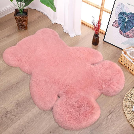 3x3.9ft Pink Small Bear Shaggy Rug, Soft Fluffy Faux Sheepskin Fur Rug Fuzzy Shag Area Rug Cute Plush Carpet for Nursery Kids Girls Bedroom Room Aesthetic Living Room Floor Home Decor, Pink