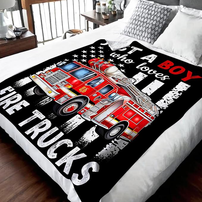 Fire Truck Blanket for Boys - 30x40 Inches Cute Throw Blanket Gifts for Kids Truck Lovers - Black Soft Fuzzy Flannel Car Blankets for Sofa Couch Bed