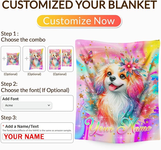 Personalized Blanket for Girls, Dog Throw Blanket Gift for Kids Teens, 80"x60" Custom Name Cozy Flannel Blankets for Couch Sofa Bed Bedroom Decor Travel