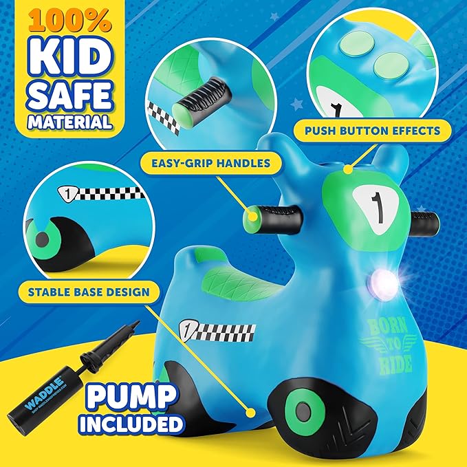 Waddle Bouncy Hopper Inflatable Hopping Animal Scooter, Indoors and Outdoor for Toddlers and Kids, Pump Included, Boys and Girls Ages 2 Years and Up (Blue Zoomer)