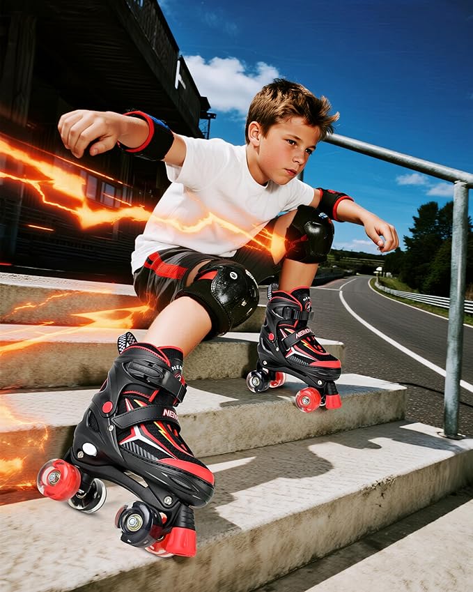 NEMONE Roller Skates for Boys Kids Ages 4-6 5-8 6-12 8-12 with 4 Sizes Adjustable Light up Wheels, Todder Beginner Rollerskates Indoor Outdoor Sports