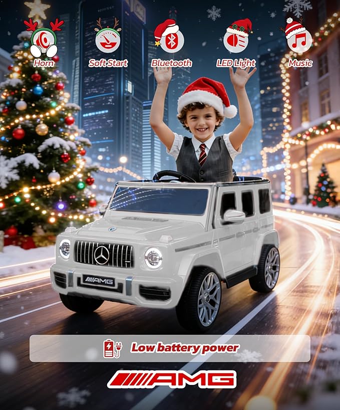 ELEMARA Licensed Mercedes-Benz AMG G63 Ride on Toys,Electric Car for Kids W/Parents Control,Electric Powered A Wagon Ride On Truck Toy,Spring Suspension,Bluetooth,Flickering Lights/LED Lights, White