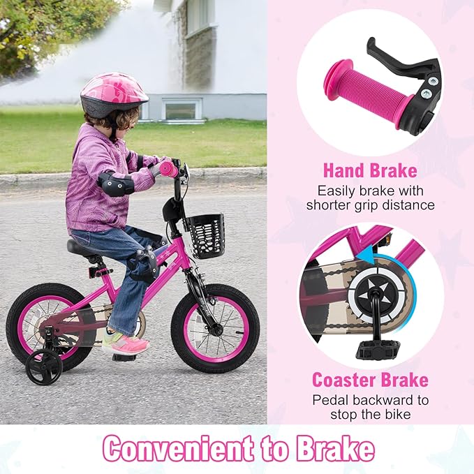 BABY JOY Starry Kids Bike, 12 14 16 18 Inch Bicycle with Training Wheels, Storage Basket, Adjustable Handlebar & Seat, Handbrake & Coaster Brake, Girls Boys Bike