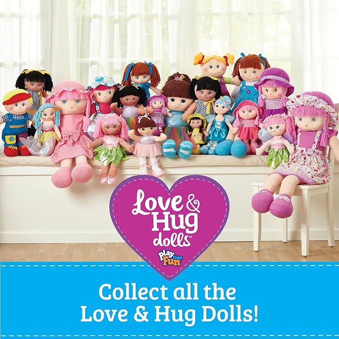 LOVE & HUG 17" Huggable Soft Doll | Stuffed Plush Doll with Blue Dress and Soft Yarn Hair | Baby Doll Toy for Kids and Toddlers to Love and Hug