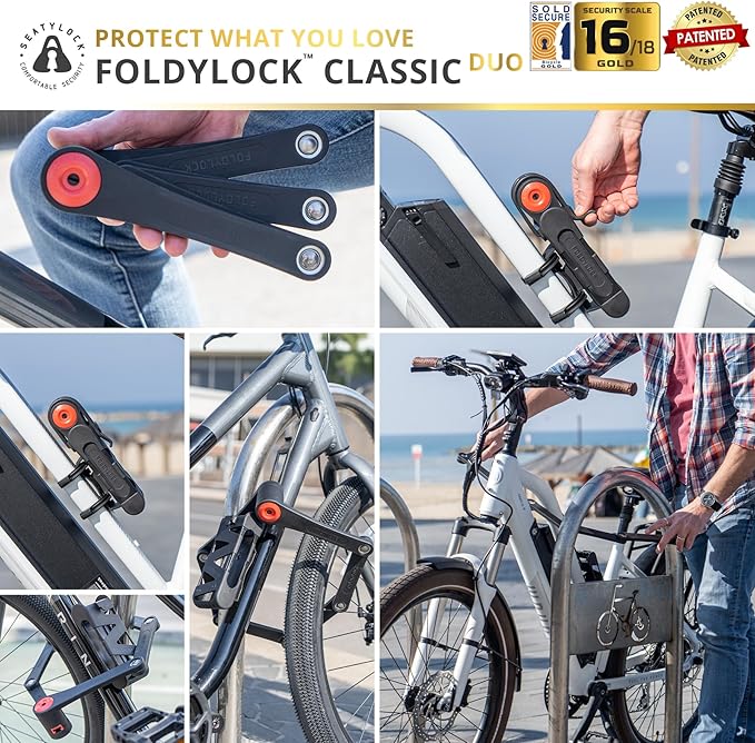 Seatylock FoldyLock Classic 100 Folding Bike Lock Set - Patented 2 Matching Bicycle Locks with 6 Identical Keys - 16/18 Heavy Duty Anti Theft Secure - Guard with Keys & Case Mount - 39.4"